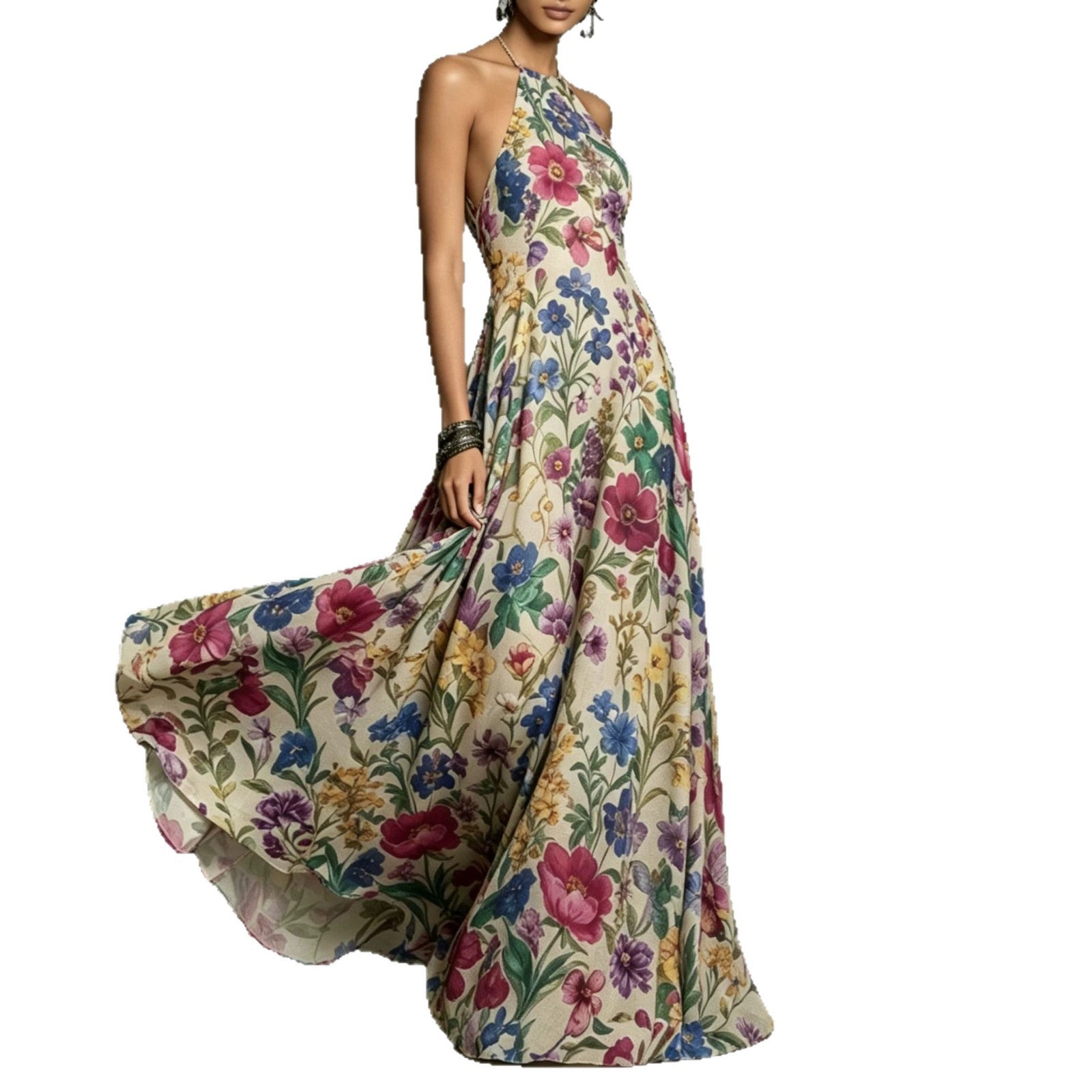 Plant And Floral Print Halter-neck Dress