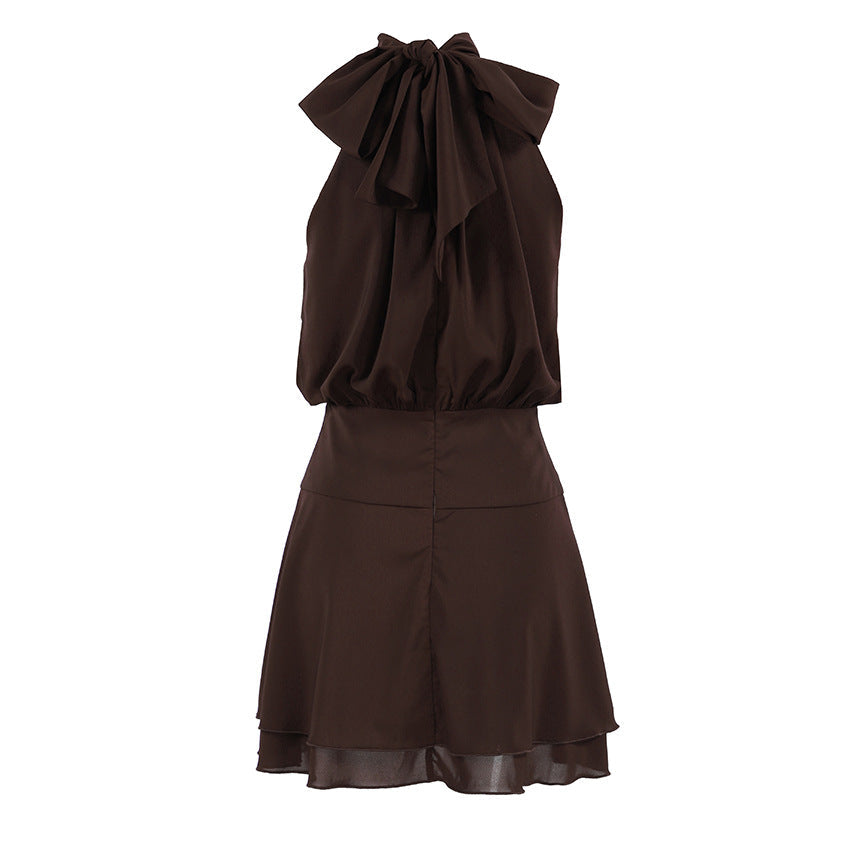 Solid-color Waist-cinching Chiffon Halter Dress