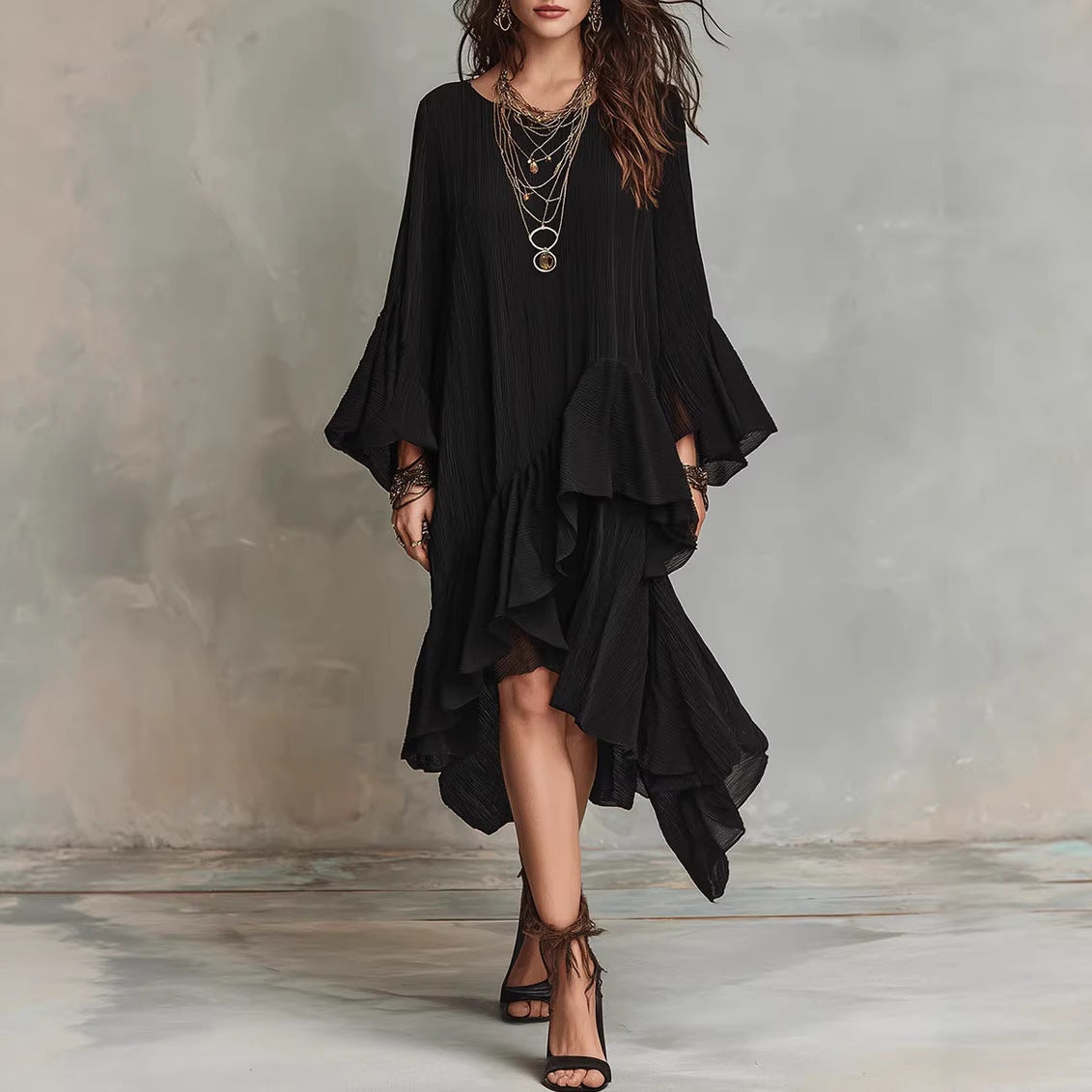 Solid-color Elegant Asymmetrical Ruffled Dress