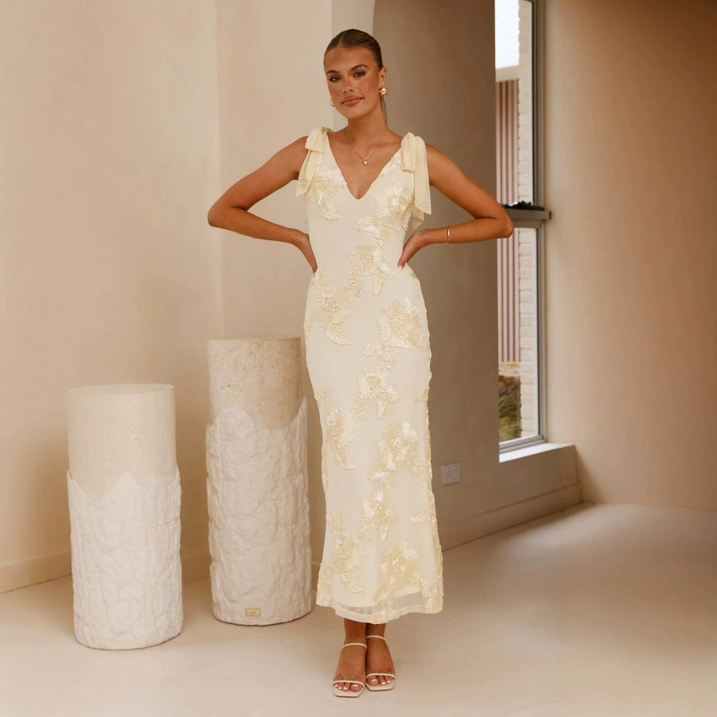 Long Dress With 3D Embroidery Backless Design And Cross-Tie Straps