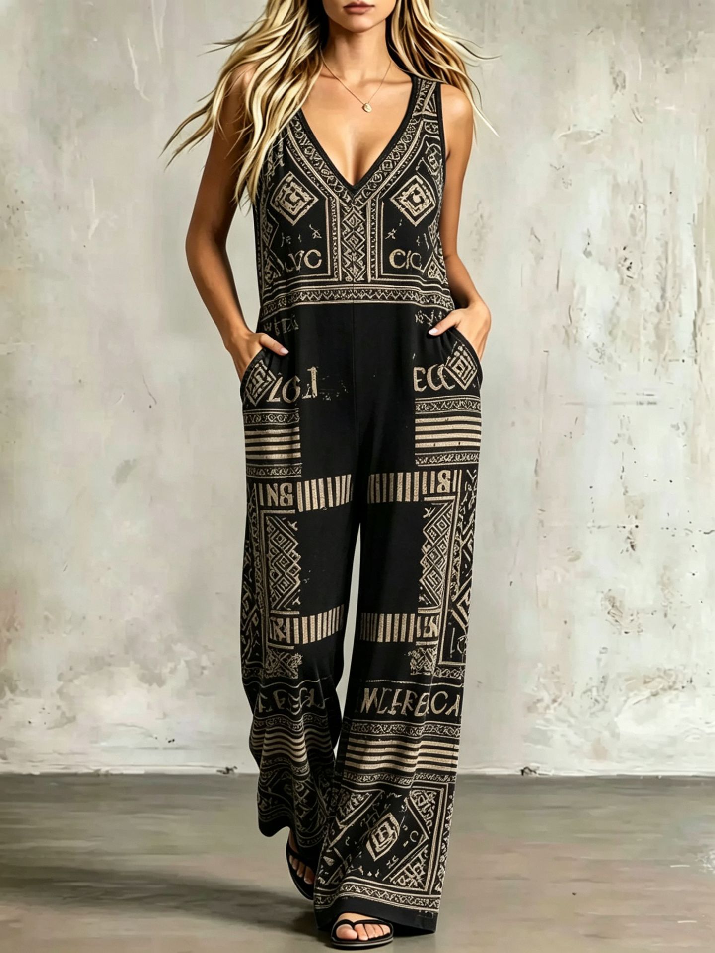 Printed Sleeveless Loose-fit Wide-leg Jumpsuit