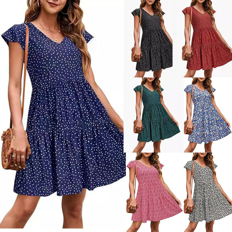 Casual V-Neck Pleated Dress