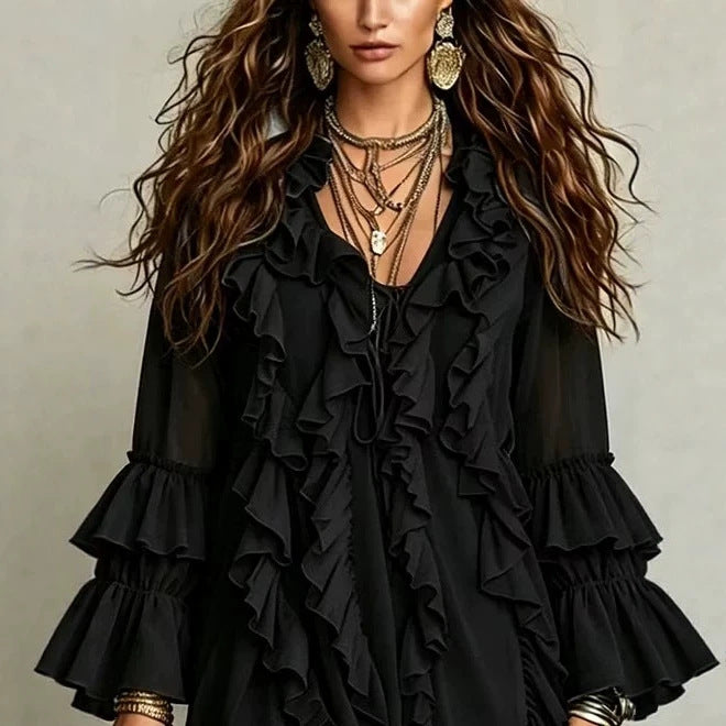 V-neck Ruffled Flared-sleeve Chiffon Dress