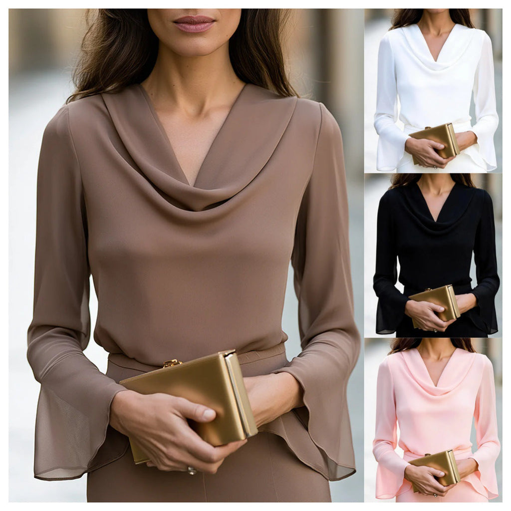 Ruffled V-neck Flared Long-sleeve Top