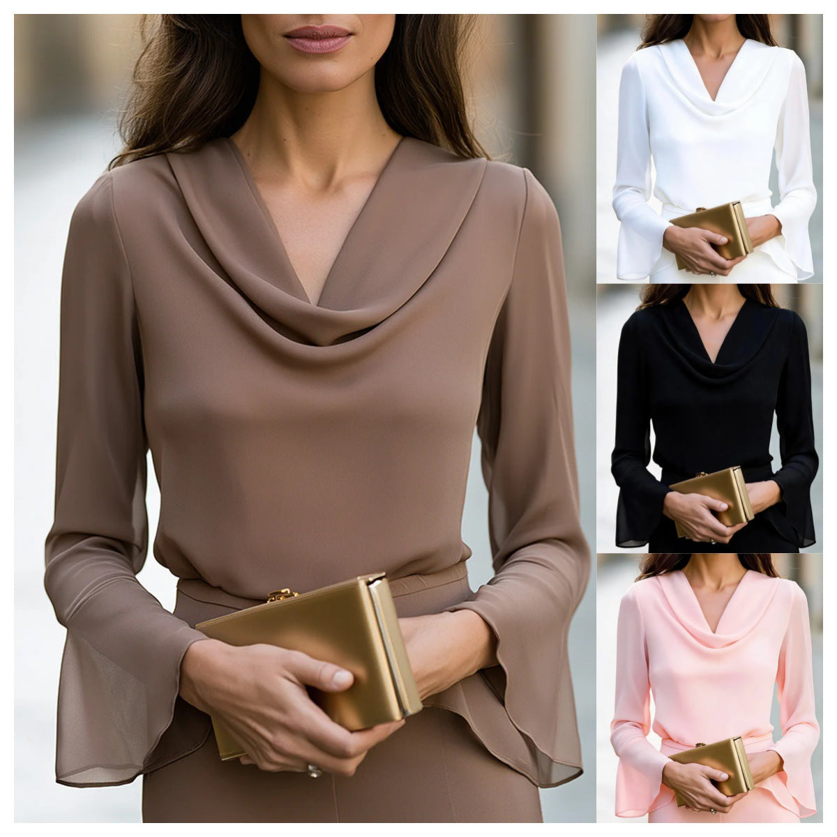Ruffled V-neck Flared Long-sleeve Top