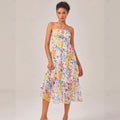 Vacation Floral Print Slip Dress Chiffon Halter Maxi Dress