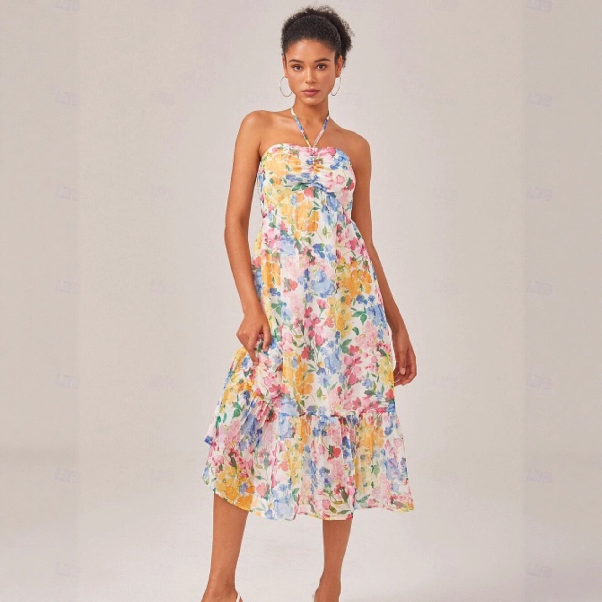 Vacation Floral Print Slip Dress Chiffon Halter Maxi Dress