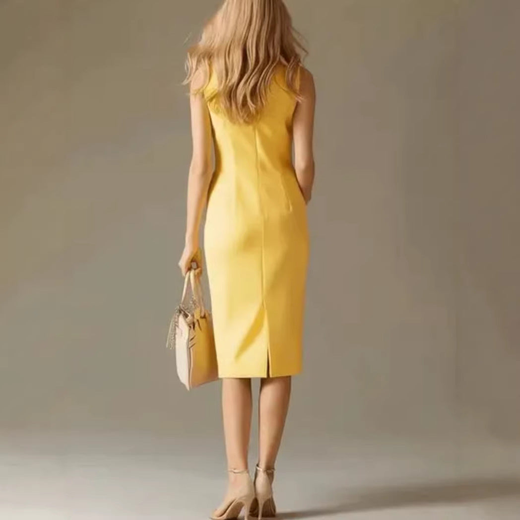 Contrast-color Stand-collar Midi Dress