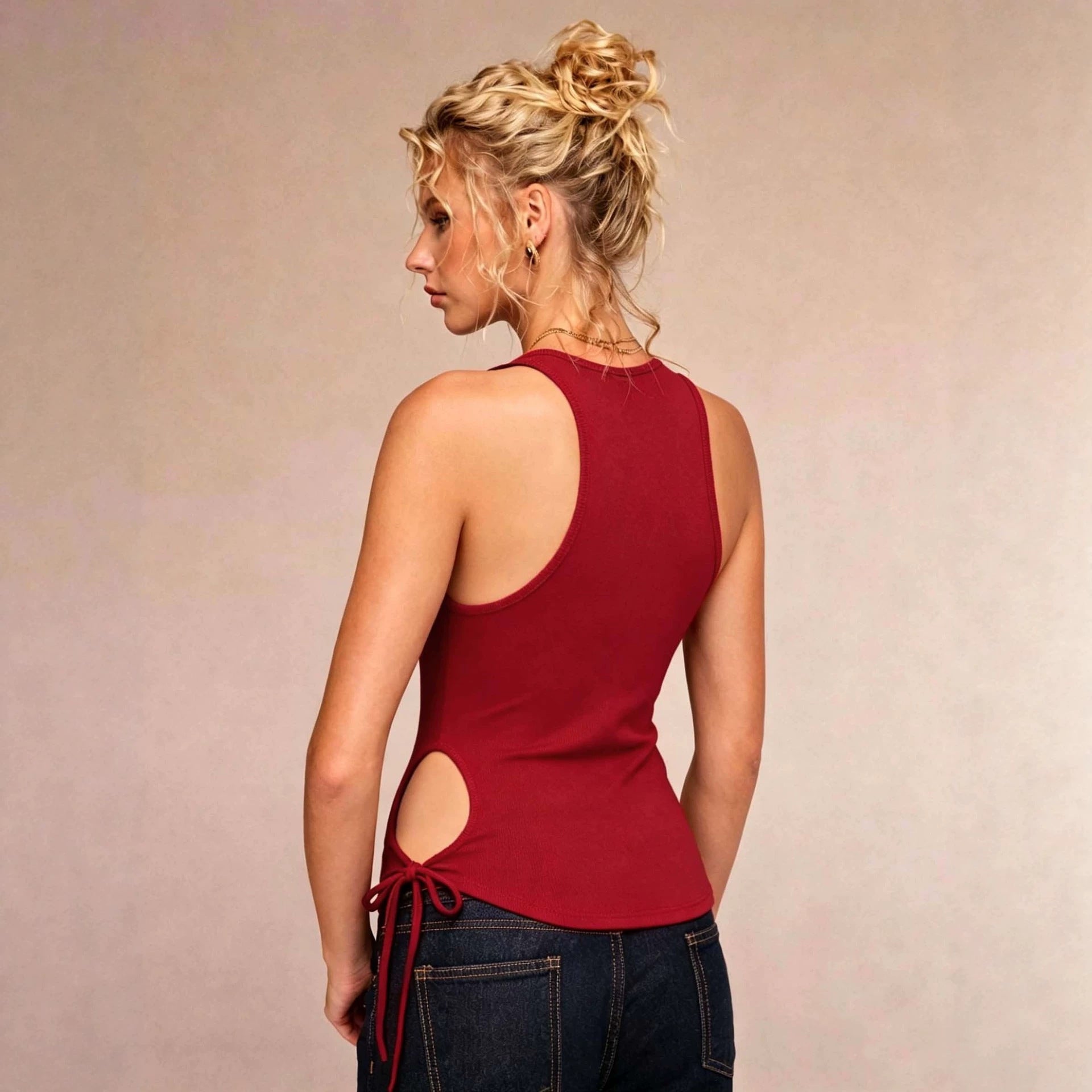 Sleeveless Top Hollowed-Out With Lace-Up Waist For A Slimming Effect