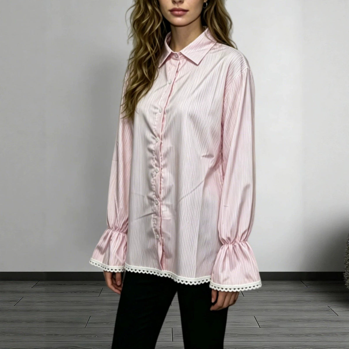 Lace Hollowed-Out Trim Flared-Sleeve Long-Sleeve Shirt