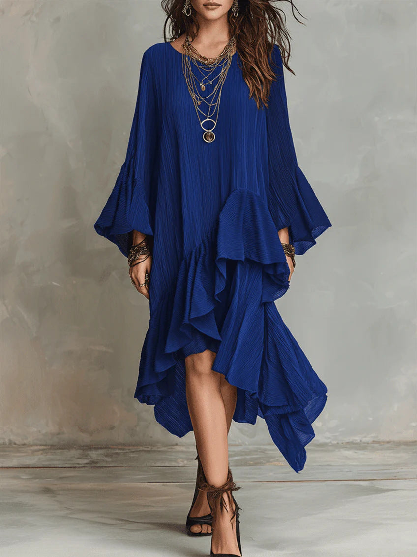 Solid-color Elegant Asymmetrical Ruffled Dress