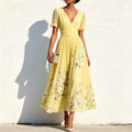 Digital-Print Floral Long-Sleeve V-Neck Pleated Dress