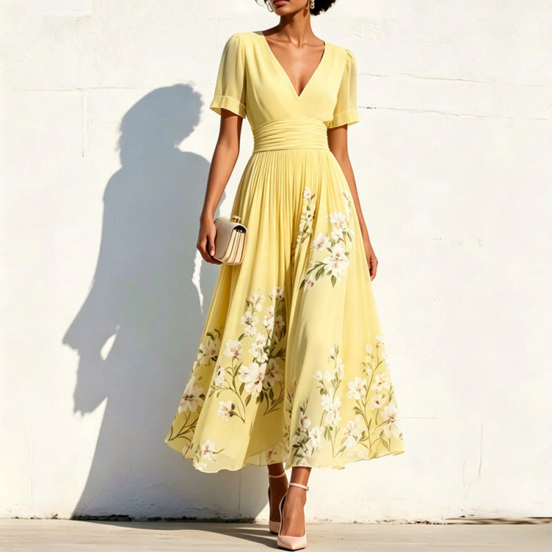 Digital-Print Floral Long-Sleeve V-Neck Pleated Dress