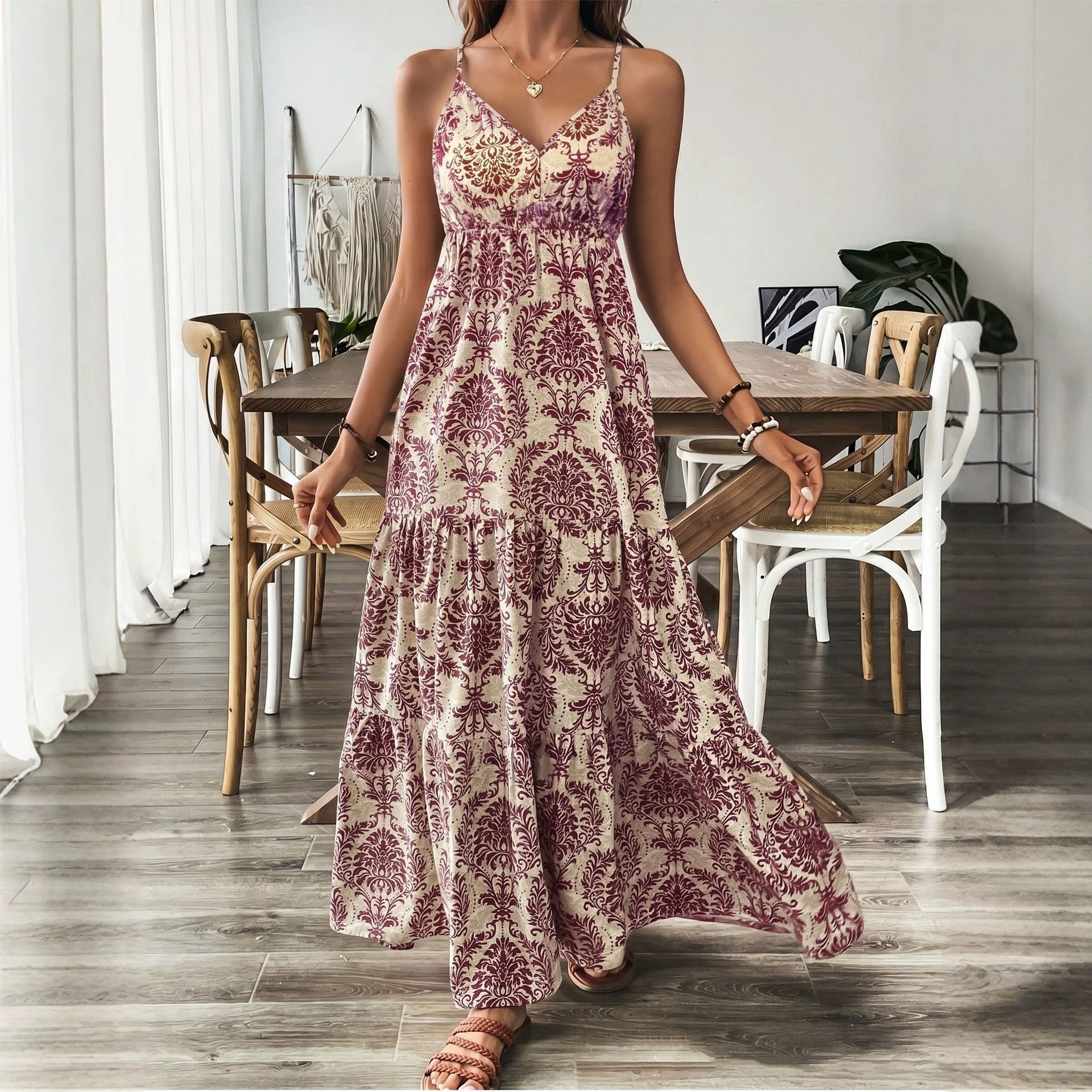 Retro V-neck Short-sleeve Printed Dress